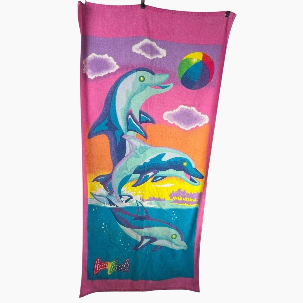 Vintage Y2K Lisa Frank Dolphins Beach Towel Dolphin 27x60" Pink Blue Ball